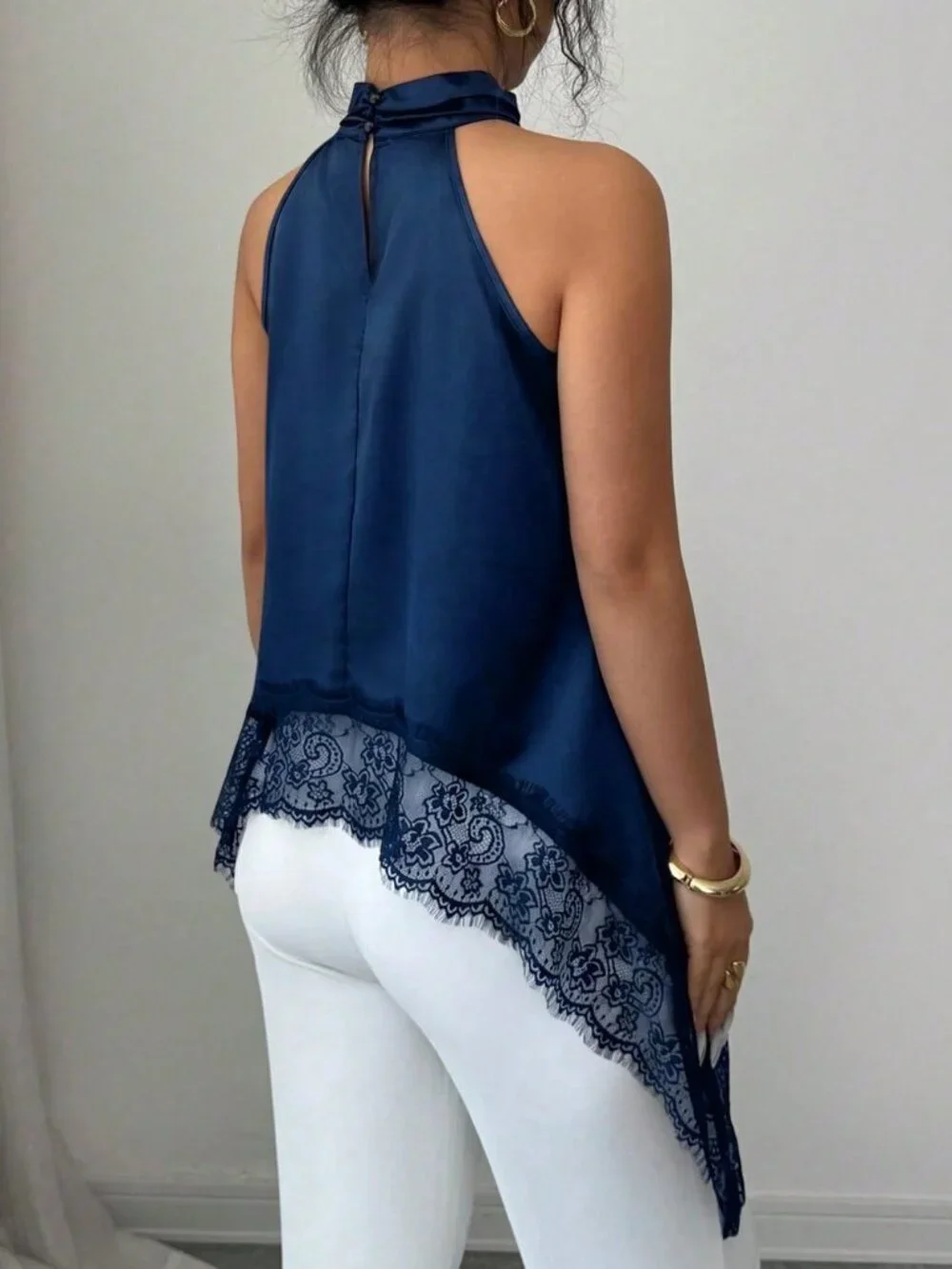 Blue Casual Women's Lace Patchwork Halter Shirt